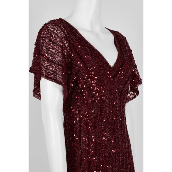adrianna papell burgundy sequin dress Bordeaux Flutter Sleeve Sequin Beaded Midi Dress